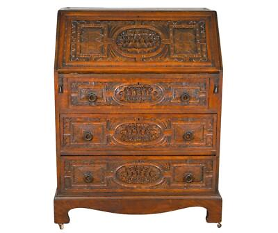 #ad Antique Oak Heavily Carved Slant Top Governor Winthrop Desk #21963 $685.00