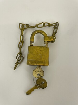 #ad Vintage Military Waterbury UK Set Padlock All Brass 2 Keys Lock $14.99