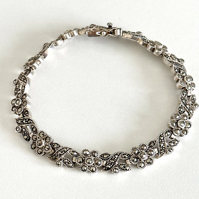 #ad Vintage 925 Sterling Silver Marcasite Floral Flower Leaf Ladies Bracelet 7.25quot; $95.00