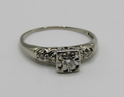 #ad Vintage Nice 14k White Gold .31ct White Diamond Three Stone Ring Sz 8 $327.99