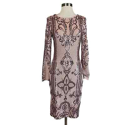 #ad Women#x27;s Cocktail Dress by AQUA Size 8 Pink Sequined Long Sleeve Sheath $69.99