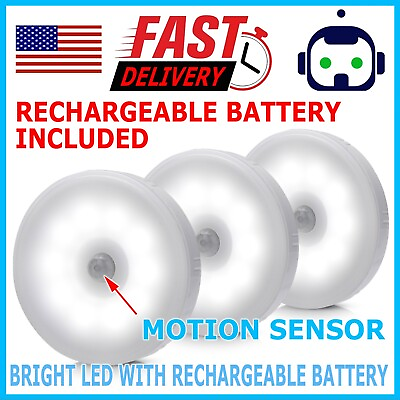 #ad 1 3 PCS Motion Sensor LED Night Light Battery Powered Indoor Closet Wall Cabinet $4.49