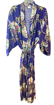 #ad Japanese Sz O S Purple Gold Asian Floral Design Vintage Kimono Maxi Cotton Robe $29.99
