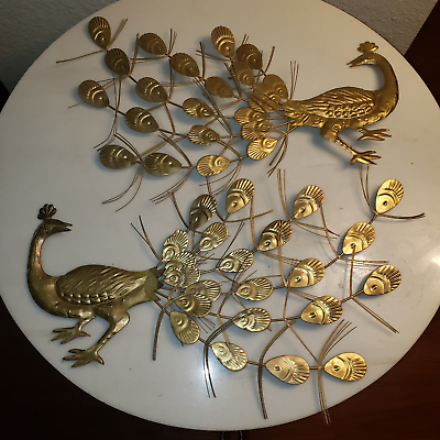 #ad Metal Peacocks Mid Century Wall Art Set with Gold Brass Finish 12 x 11.5 $42.00