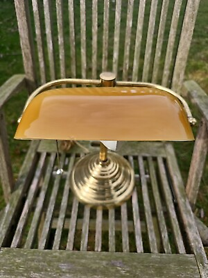 #ad Vintage Brass Bankers Desk Lamp Gold Carmel Glass Shade Appox 13quot; Small Chip $55.00