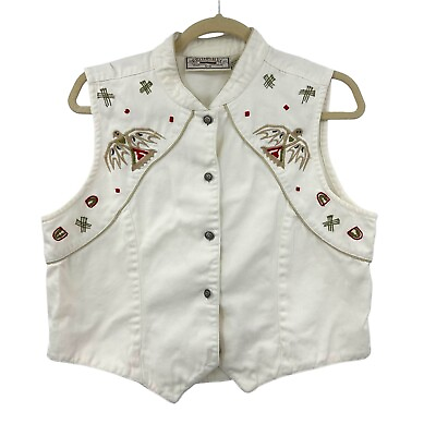 #ad 90s vintage country western Rythm Blue White Denim Vest Embroidered Eagle $22.00