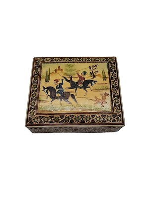 #ad Persian Khatam Marquetry Hand Painted Hunting Scene Wood Trinket Jewelry Box $15.90