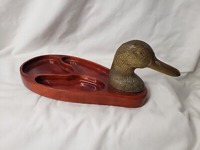#ad Vintage Brass And Wood Duck Head Tray Valet Jewelry Coin Trinket Holder $24.99