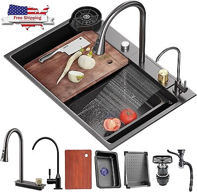 #ad Waterfall Kitchen Sink Set Home Sink Vegetable Basin W FaucetSink Glass Rinser $272.89