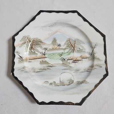 #ad Vintage Asian Octagon Mountain Water Scene Black Trim Plate Trinket Dish Signed $16.99