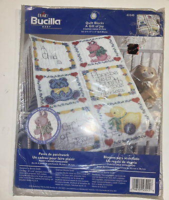 #ad Bucilla Baby Quilt Blocks Gift of Joy Stamped Cross Stitch 43245 Six Sealed $17.48