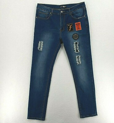 #ad BoohooMAN x Skinny Distressed Patch Blue Jeans Size 36 Greatness at any Cost $19.99