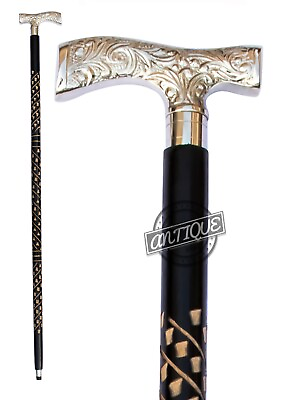 #ad Black Wooden Cane for Men and Women Nickel Plated Handle Victorian Walking Stick $36.22