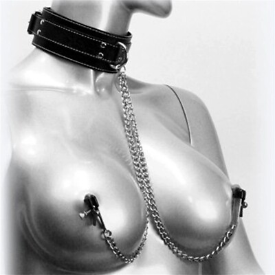#ad Leather Choker Collar With Breast Clamp Clip Chain BDSM Women Couples Adult Game $10.89