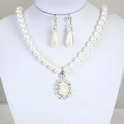 #ad Elegant Pearl Crystal Drop Earrings Chain Necklace Wedding Party Jewelry SeCANN $7.66