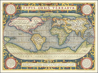 #ad 1574 World Map by Abraham Ortelius Theatrum Orbis Terrarum Poster Print $475.00