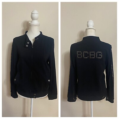 #ad BCBG MaxAzria Women Studded Logo Jacket Black Full Zip Long Sleeve Large Cotton $44.99