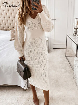 #ad Knitted Sweater Dress Elastic Long Sleeve V Neck Elegant Hollow Party Dresses $49.12