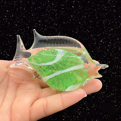 #ad Art Glass Fish Paperweight Green White Stripped Figurine Vintage 4”W 2.5”T $17.50