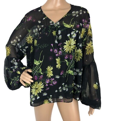 #ad Buffalo Boho Blouse Top Floral Print Chiffon Lightweight Puff Long Sleeve Size L $19.50