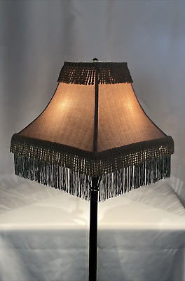 #ad Victorian Art Deco Boho Style Floor Lamp Shade Masculine Beige Green Fringe 17quot; $89.96