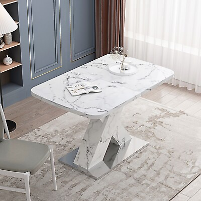 #ad Modern Rectangle Stretchable Dining Table with White Faux Marble Table Top $456.77