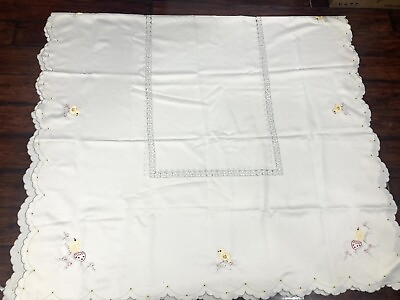 #ad Vintage Hand Embroidered Easter Tablecloth 100” X 56” Chicks Eggs Off White Read $18.00