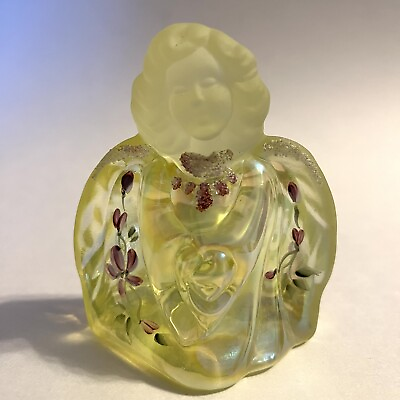 #ad Vintage FENTON Art Glass ANGEL Yellow Vaseline Uranium Topaz Hand Painted SIGNED $68.00