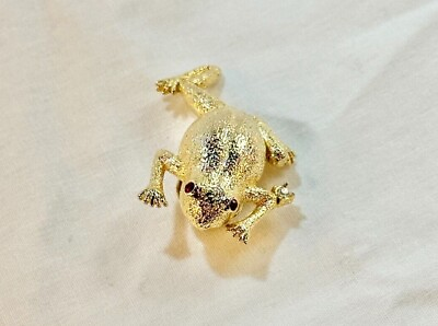 #ad Vintage Estate Gold Tone Frog Brooch with Red White Crystal Accents EUC STOCKING $6.00