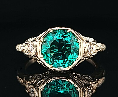 #ad Vintage Filigree 14K Yellow Gold Engagement Ring 1.55CT. Round Green Emerald $3750.00