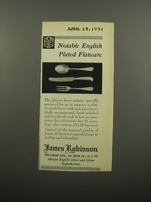 #ad 1951 James Robinson Queen Anne Silverware Ad Notable English Plated Flatware $19.99