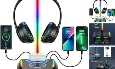 #ad RGB Headphone Stand with Wireless Charging and 2 USB C amp; 1 USB Charging Black $39.97