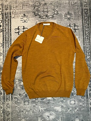 #ad V NECK Brand Mens Merino Brown Sweater 52 Medium or Slim Large Made in Italy $32.00