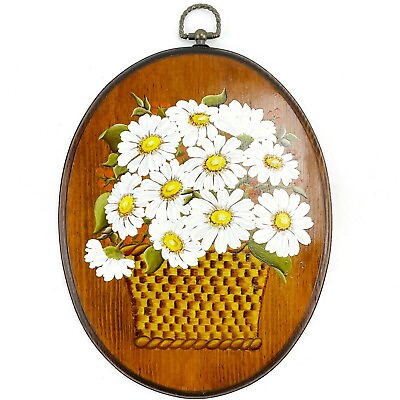 #ad Vintage Tole Painted Wood Plaque Wall Hanging Daisy Bouquet Floral Farmhouse 11quot; $37.99