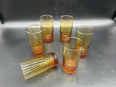 #ad VTG Set of 6 Libbey Amber 4 Ring Base Optic Swirl Glasses $24.00