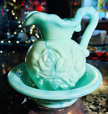 #ad Vintage Sweet Avon Swirl Green Jadeite Swirl Glass Bohemian Wash Bowl amp; Pitcher $10.05