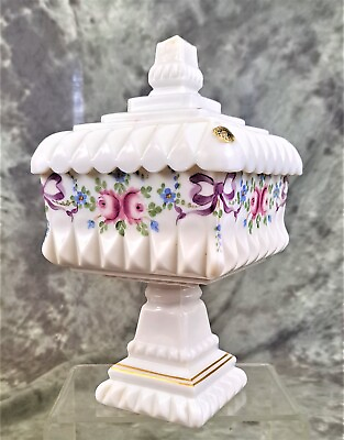 #ad 1976 WESTMORELAND GLASS LIDDED CANDY DISH MILK GLASS HAND PAINTED U.S.A. SIGNED $37.79