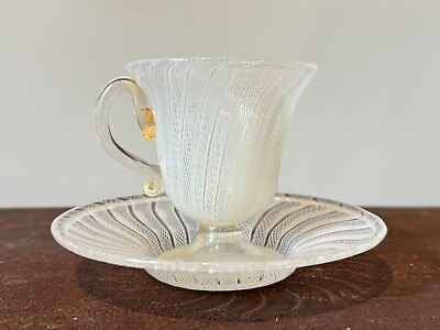 #ad Vintage Mid Mod Murano Art Glass White Latticino Teacup amp; Saucer Attr Salviati $125.00
