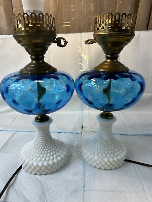 #ad Vintage Blue Optic With Milk Glass Base Table Lamps 2 $250.00