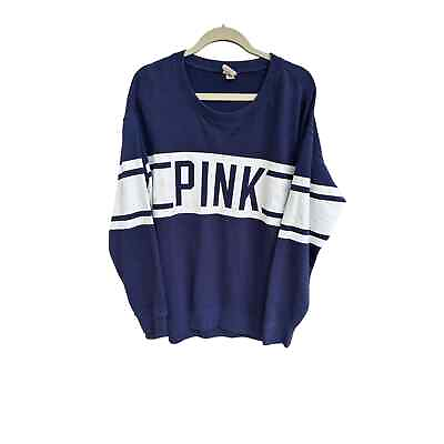 #ad Victoria’s Secret PINK Large Oversize Varsity Sweatshirt Long Sleeve Blue White $30.00