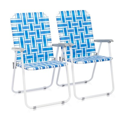 #ad 2pcs Steel Tube PP Webbing Bearing 120kg Folding Beach Chair Blueamp; White Strip $70.20