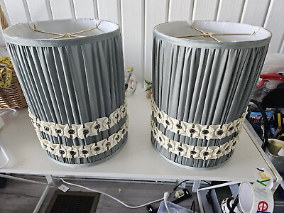 #ad Two Mcm Drum Lamp Shades Pleated Decorative Lace And Beading Green Gray Color 13 $55.00