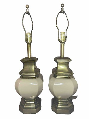 #ad Vintage Stiffel Mid Century Brass And Cream Tan Ceramic Table Lamps 27” Set 2 $249.95