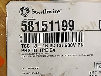 #ad Southwire 581511 18 3C Flexible Machine Power Control Tray Cable TC ER Gray 50ft $49.99