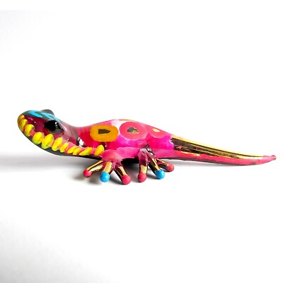 #ad Gecko Figurine Animals Glass Hand Blown Gold Trim Collectible Pink Salamander $13.99
