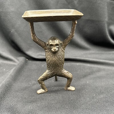 #ad Metal Brass Bronze Monkey Figurine Business Card Holder Tail Office Desk 7” Dish $49.00