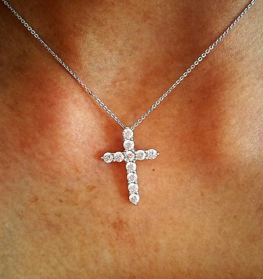 #ad 1 Ct Cross Pendant Necklace Simulated Diamond 14K Solid White Gold Plated Silver $24.99