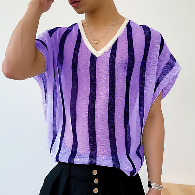 #ad #ad INCERUN Mens V Neck Short Sleeve Sheer Striped Tops Casual Loose Shirt Blouse $16.14