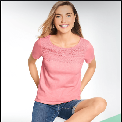 #ad Talbots Lace Yoke Tee XL Women’s Pink Extra Large Cutout Lined Crochet Slub Knit $25.00