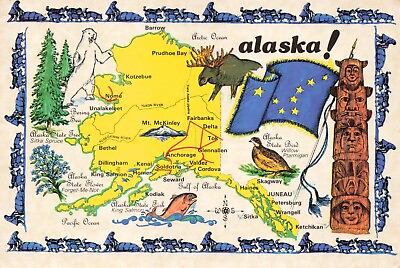 #ad Postcard AK Alaska State Map Cartography The Last Frontier Bear Flag Moose Whale $5.99